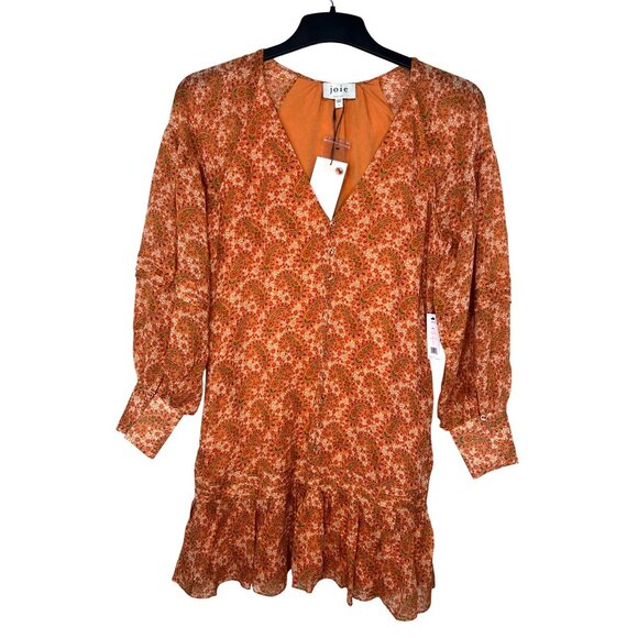 Joie Bree Caramel Multi Paisley Print Mini Silk Dress Size 4 - Picture 8 of 16